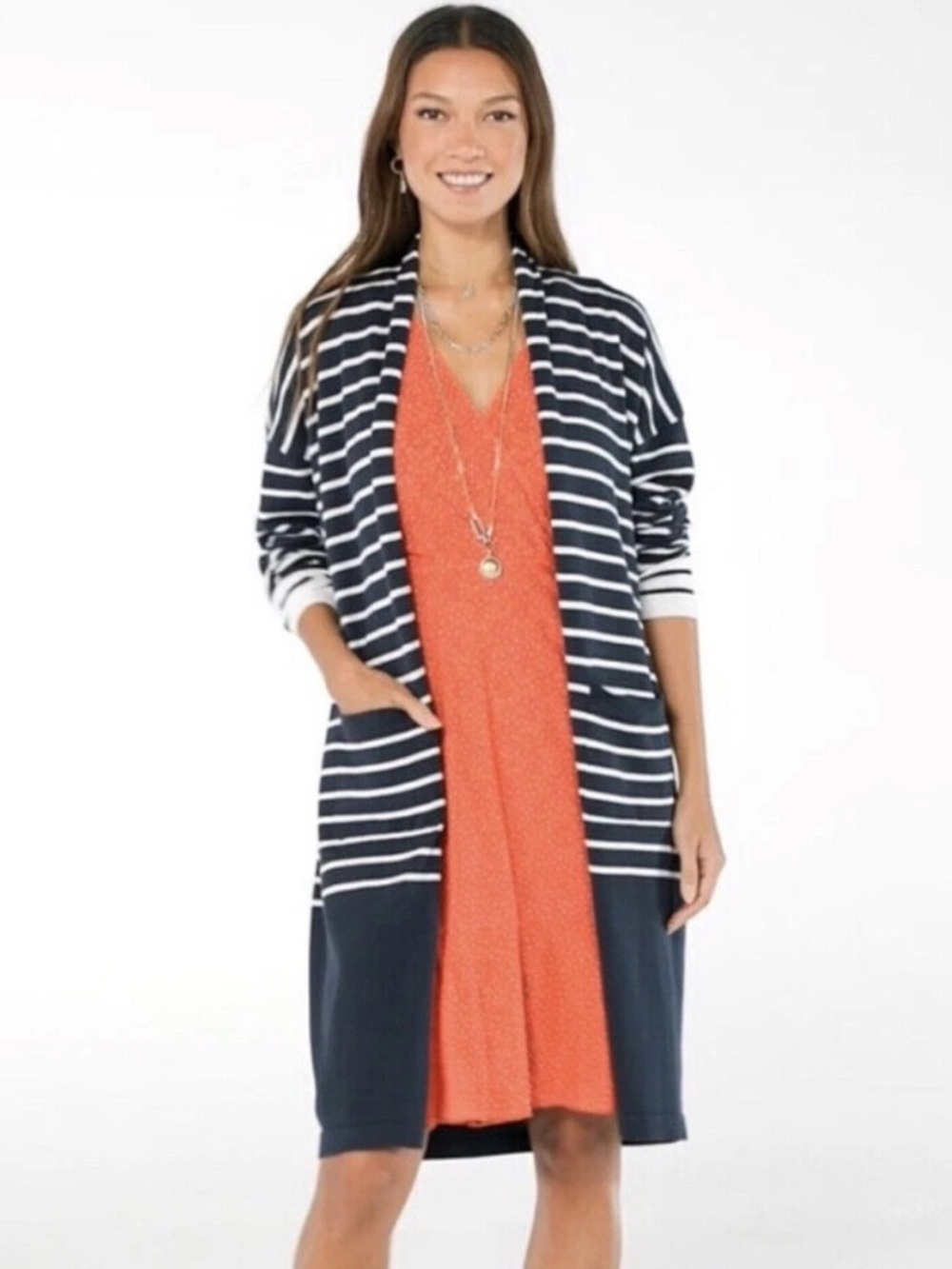 CAbi Small Navy Blue & White Striped Boathouse Nautical Casual Cardigan